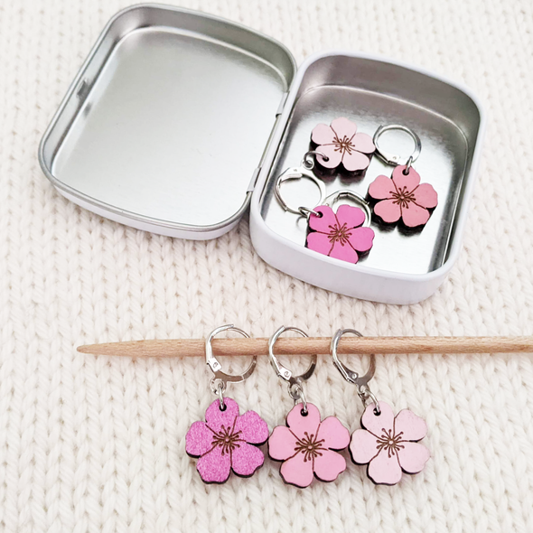 Cherry Blossom Locking Stitch Marker set of 6 with storage tin