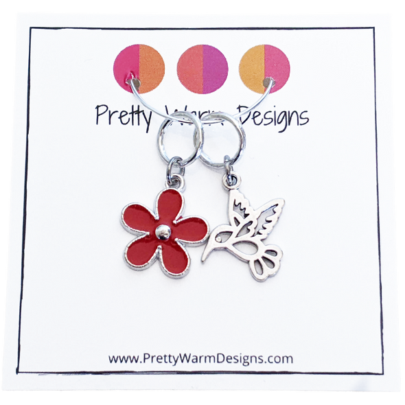 Hummingbird and Red Flower Ring Stitch Markers for Knitting