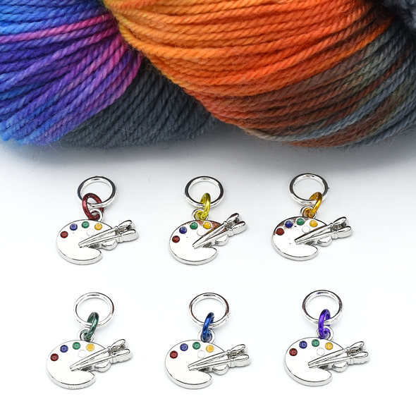 Set of six silver toned enamel inlaid artist's palette charms snag free ring stitch markers with yarn for knitting by Pretty Warm Designs