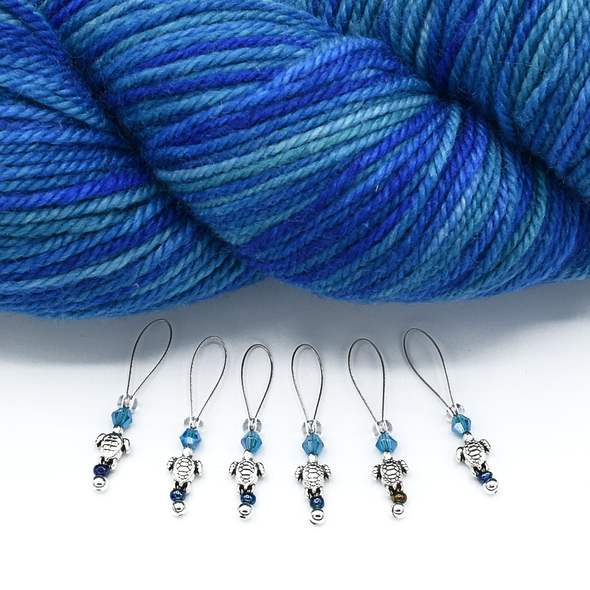 Set of six small silver turtle beads, turquoise crystal beads, glass seed beads stitch markers with yarn for knitting by Pretty Warm Designs
