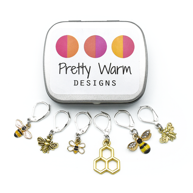 Set of 6 honey bee themed enamel charms locking crochet stitch markers for crochet with decorative tin by Pretty Warm Designs