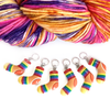 Set of six large rainbow coloured resin charm stitch markers for knitting and colourful variegated yarn by Pretty Warm Designs Inc