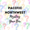 Pacific Northwest Mystery Yarn Box logo and text with question marks background for Pretty Warm Designs
