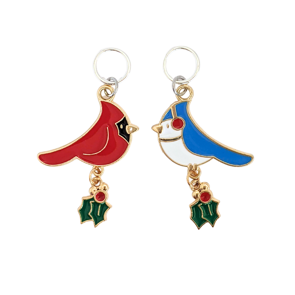 Red cardinal and blue jay Christmas stitch markers