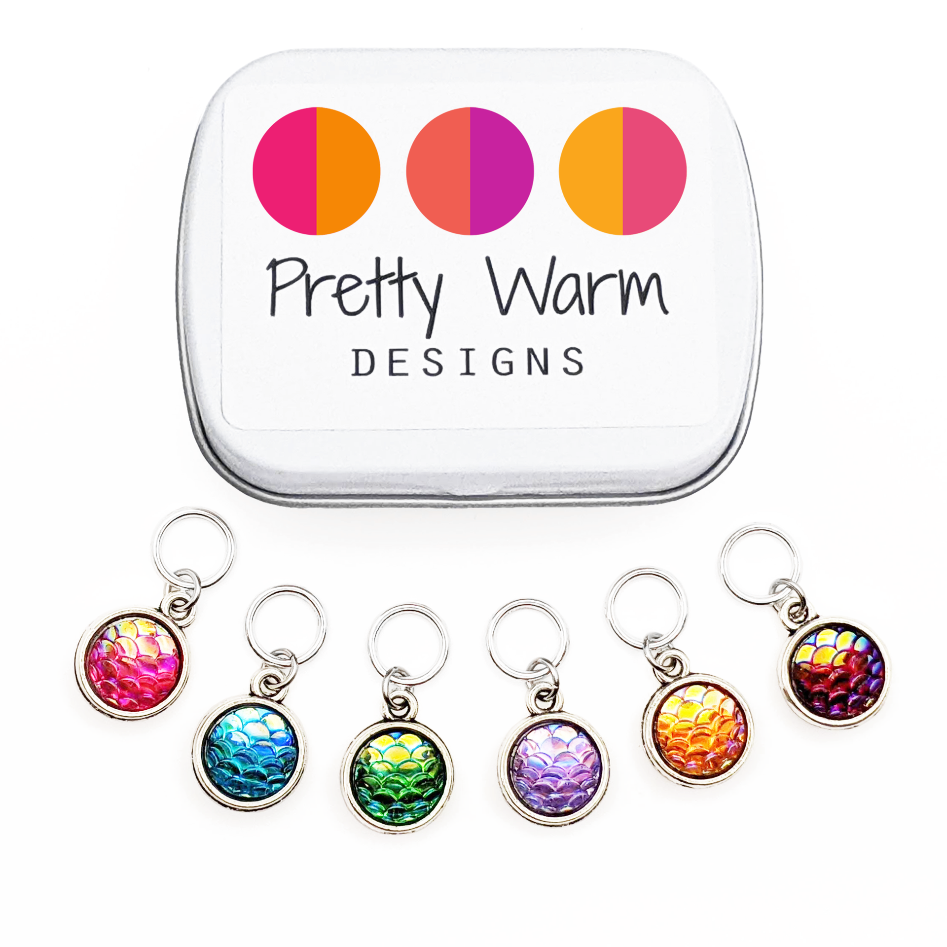 Dragon Scales & Mermaid Tails Ring Stitch Markers for Knitting, Set of 6 with Storage Tin