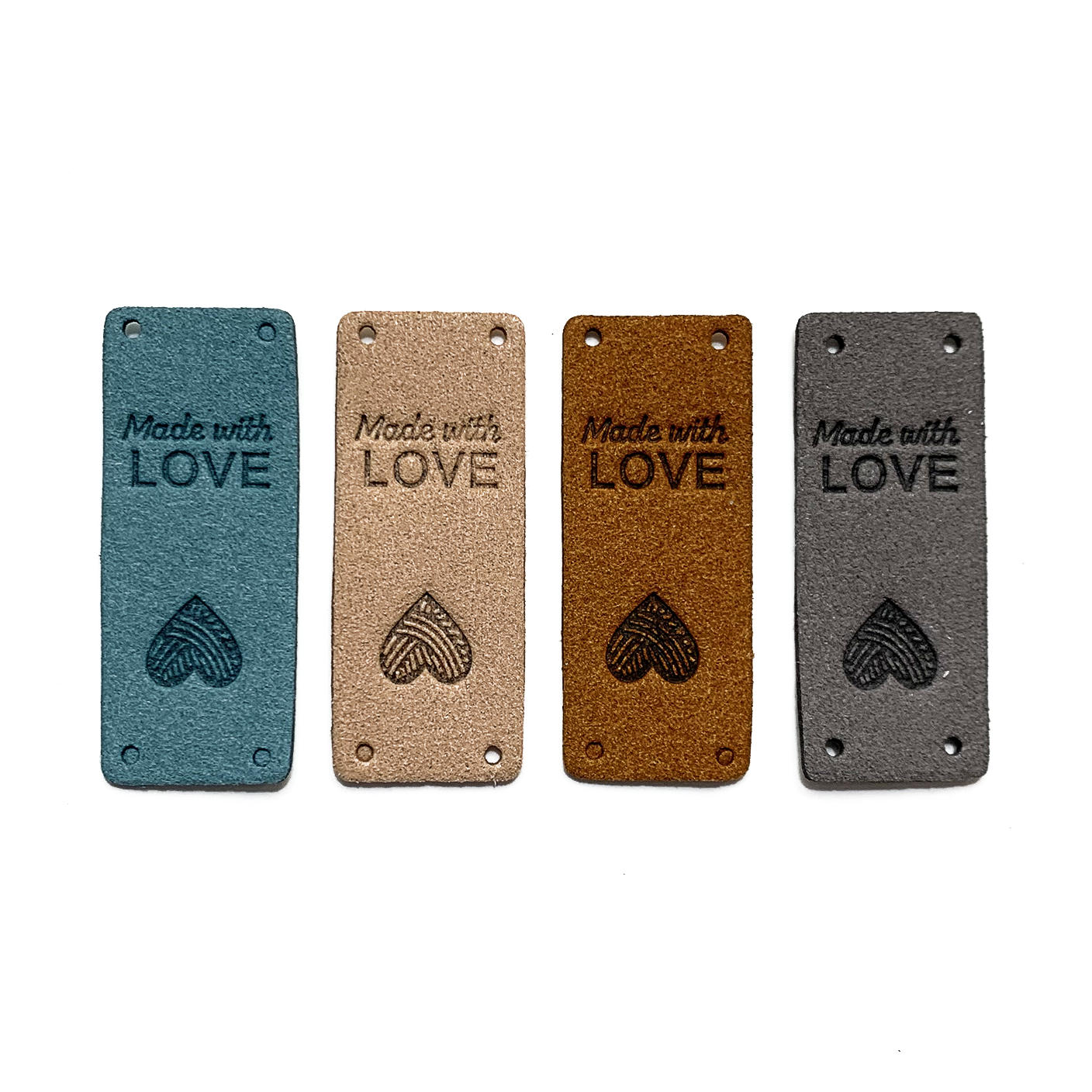 PU vegan leather garment labels in teal, tan, brown, and grey — stamped with Made With Love and a heart design, set of 4