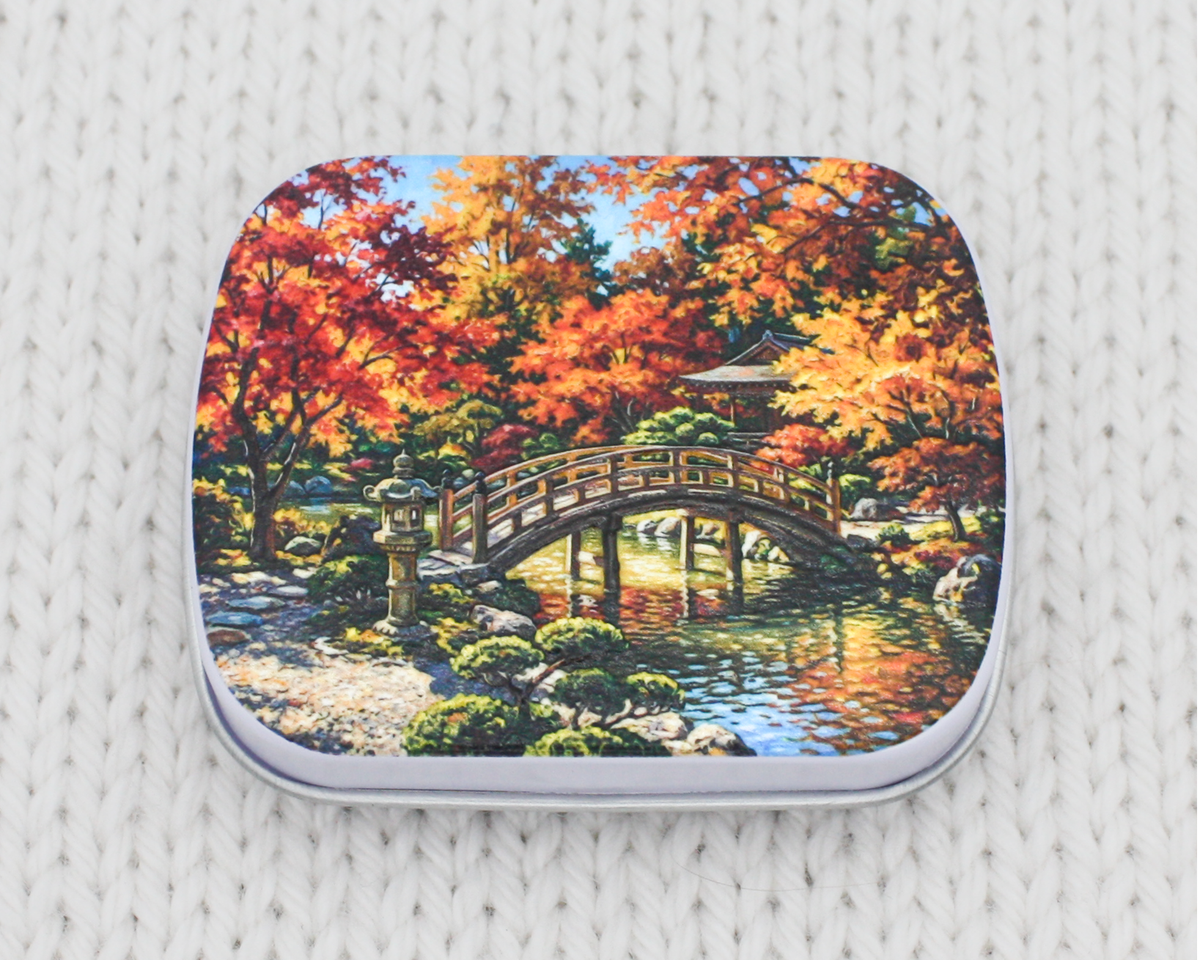 Autumn Leaves Small Notions Tin for Stitch Markers & Crafting Supplies featuring a Japanese Garden in the fall