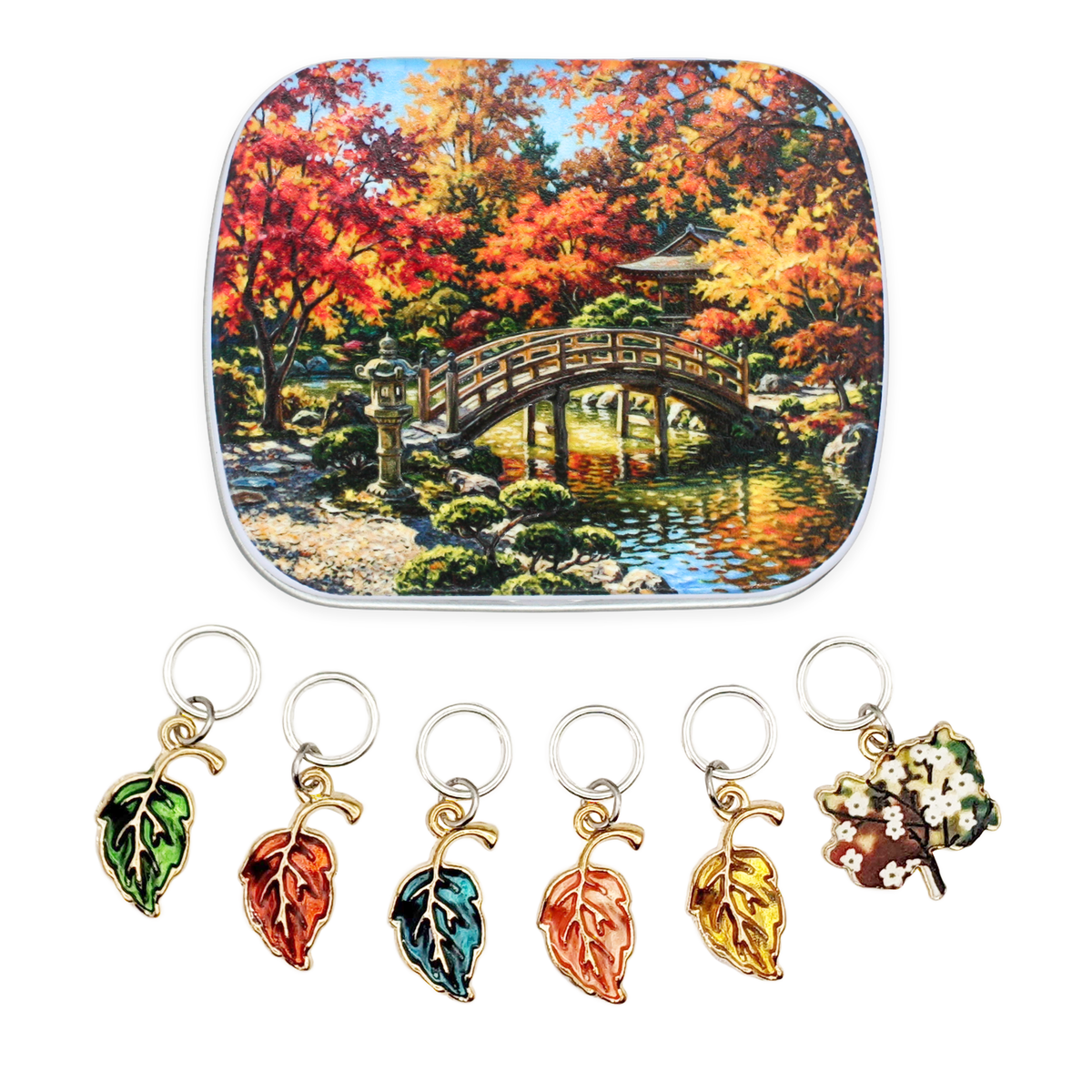 Autumn Leaves Ring Stitch Markers for Knitting with Japanese Garden Artwork Notions Case