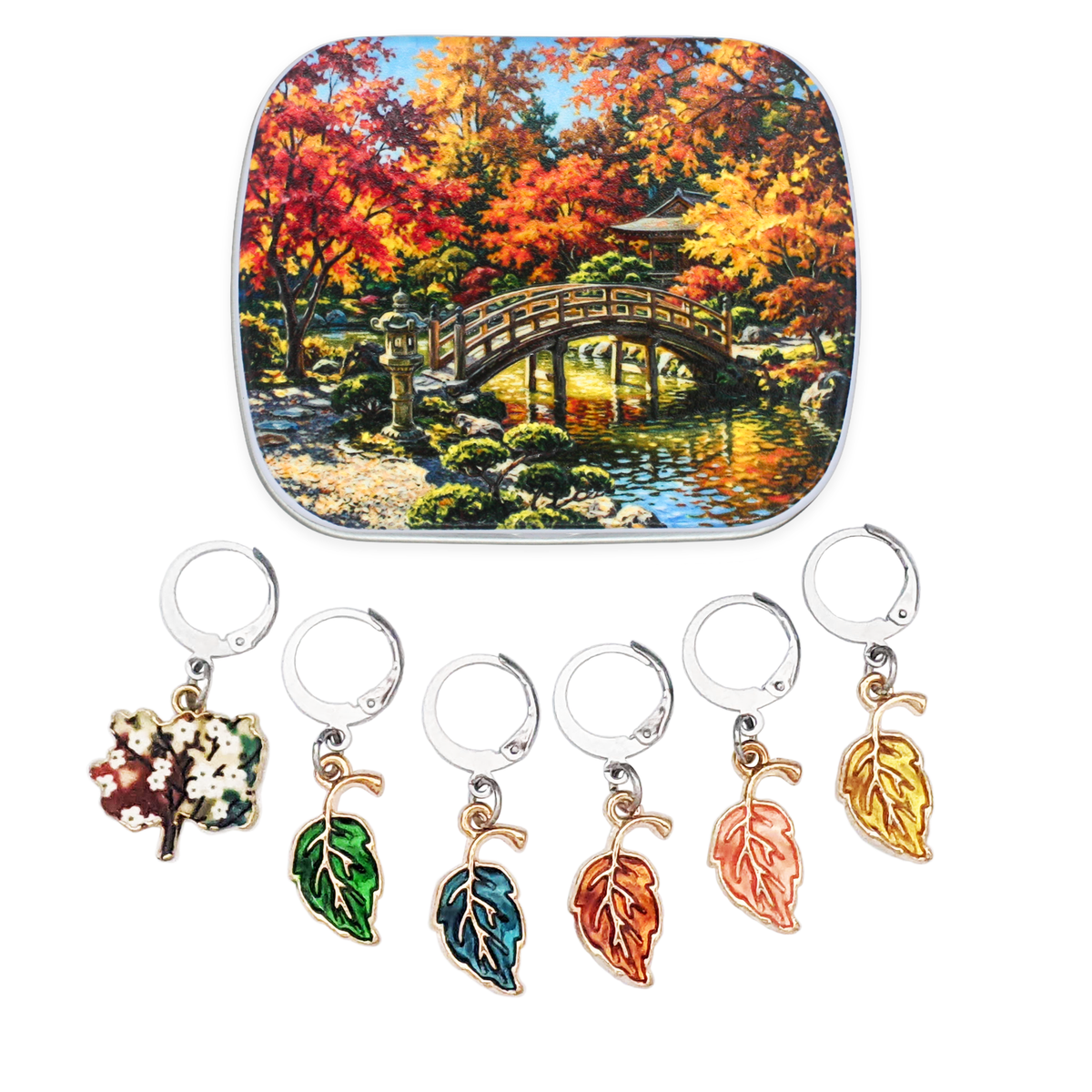 Autumn Leaves Locking Stitch Markers for Crochet or Knitting with Japanese Garden Artwork Notions Case