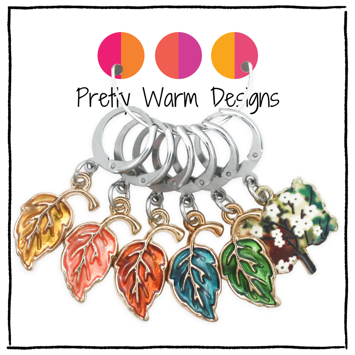 Set of 6 Locking Stitch Markers for Crochet or Knitting, Autumn Fall themed enamel leaves