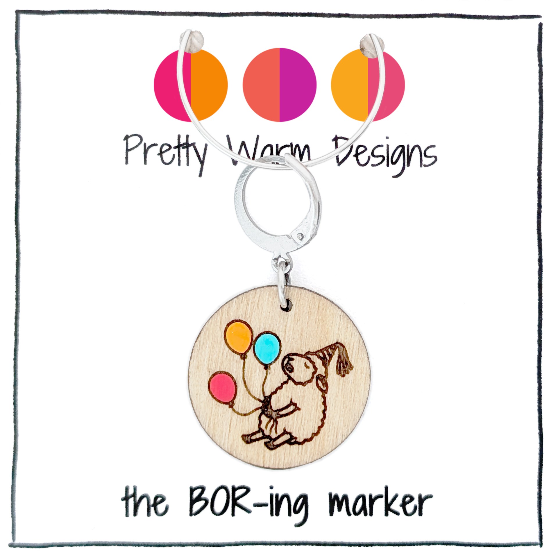 A round birchwood locking stitch marker attached to a stainless steel clasp. The wooden charm features an engraved drawing of a sheep falling asleep while wearing a party hat and holding three hand-painted balloons in red, orange, and blue.