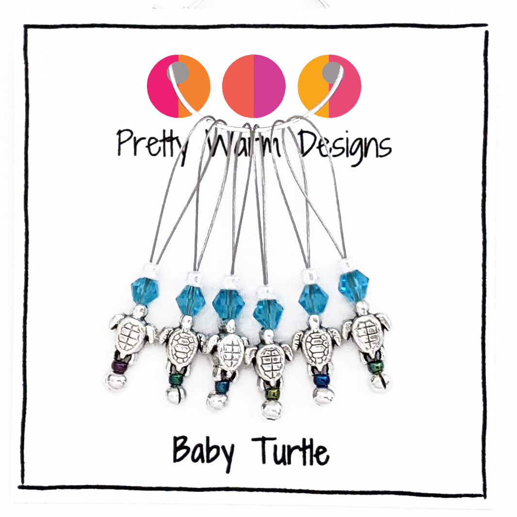 Set of six small silver turtle beads, turquoise crystal beads, glass seed beads stitch markers for knitting by Pretty Warm Designs