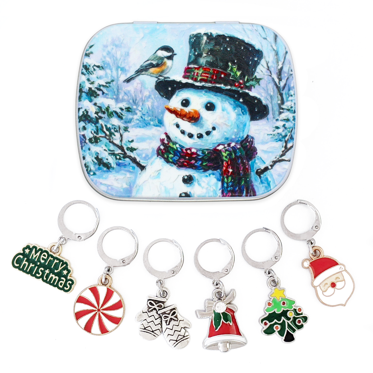 Six Christmas locking stitch markers with leverback clasps and a snowman tin