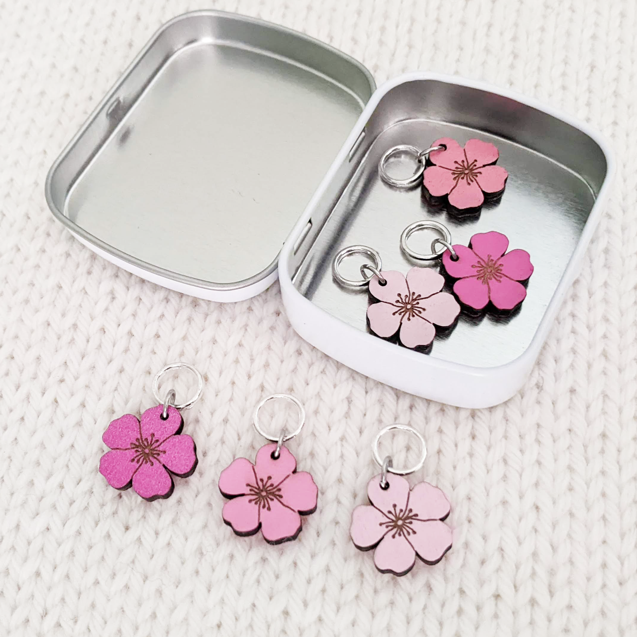 Cherry Blossom Stitch Marker Set of 6 with Storage Tin