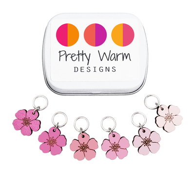 Cherry Blossom Stitch Marker Set of 6 with Storage Tin, handmade basswood ring style knitting markers in shades of pink