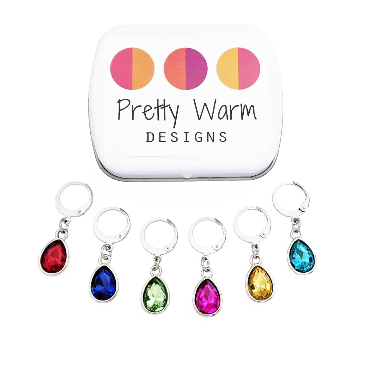 Crystal Jewels set of 6 gem coloured stitch holders with storage tin by Pretty Warm Designs