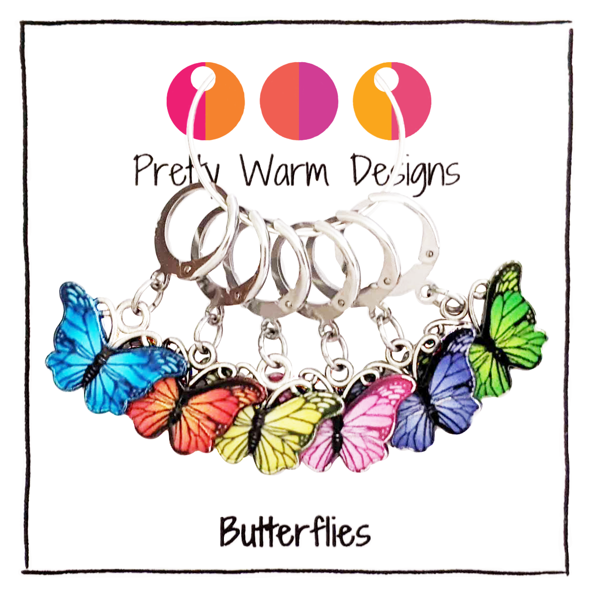 Set of 6 multicoloured butterfly locking stitch markers for crochet or knitting