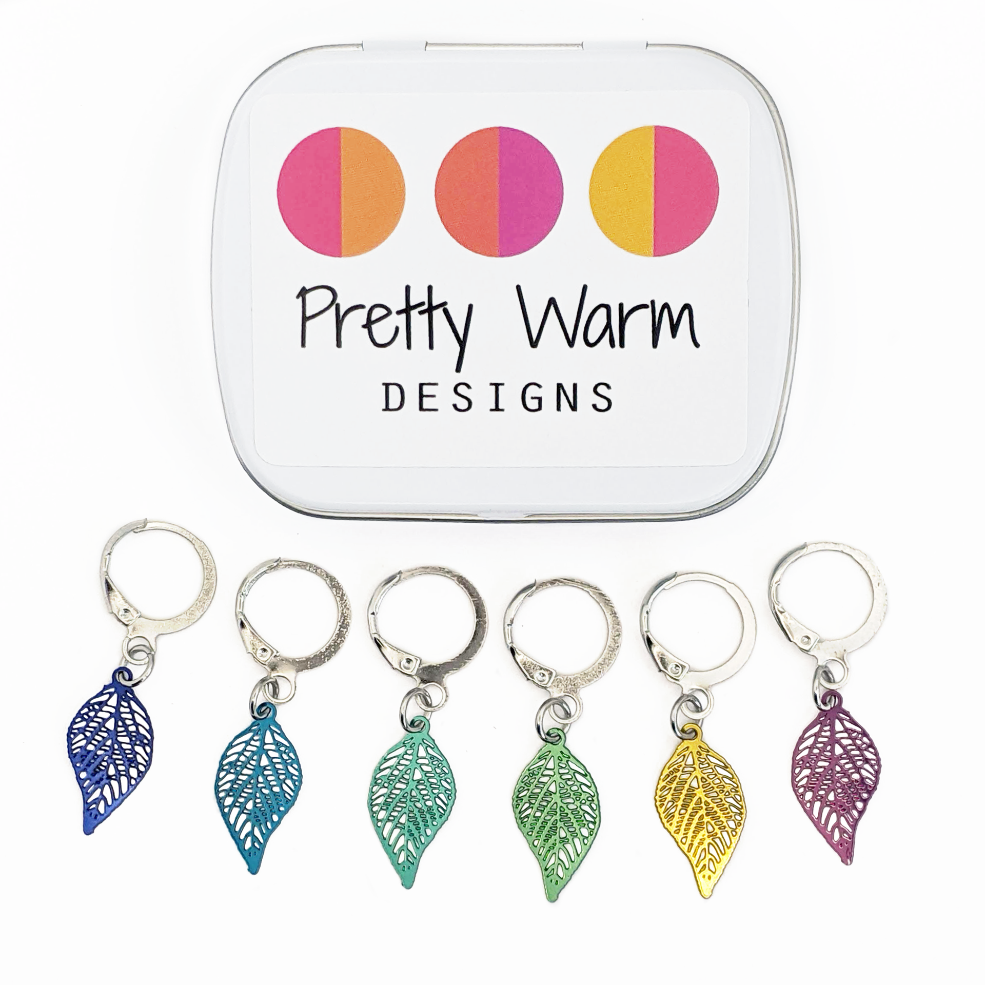 Fallen leaves filigree metal stitch markers, set of 6 with storage tin, removable stitch holders by Pretty Warm Designs