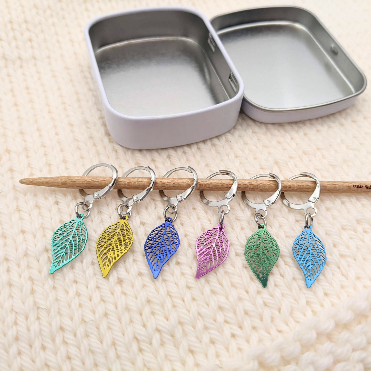 Fallen leaves filigree metal stitch markers, set of 6 with storage tin, removable stitch holders by Pretty Warm Designs