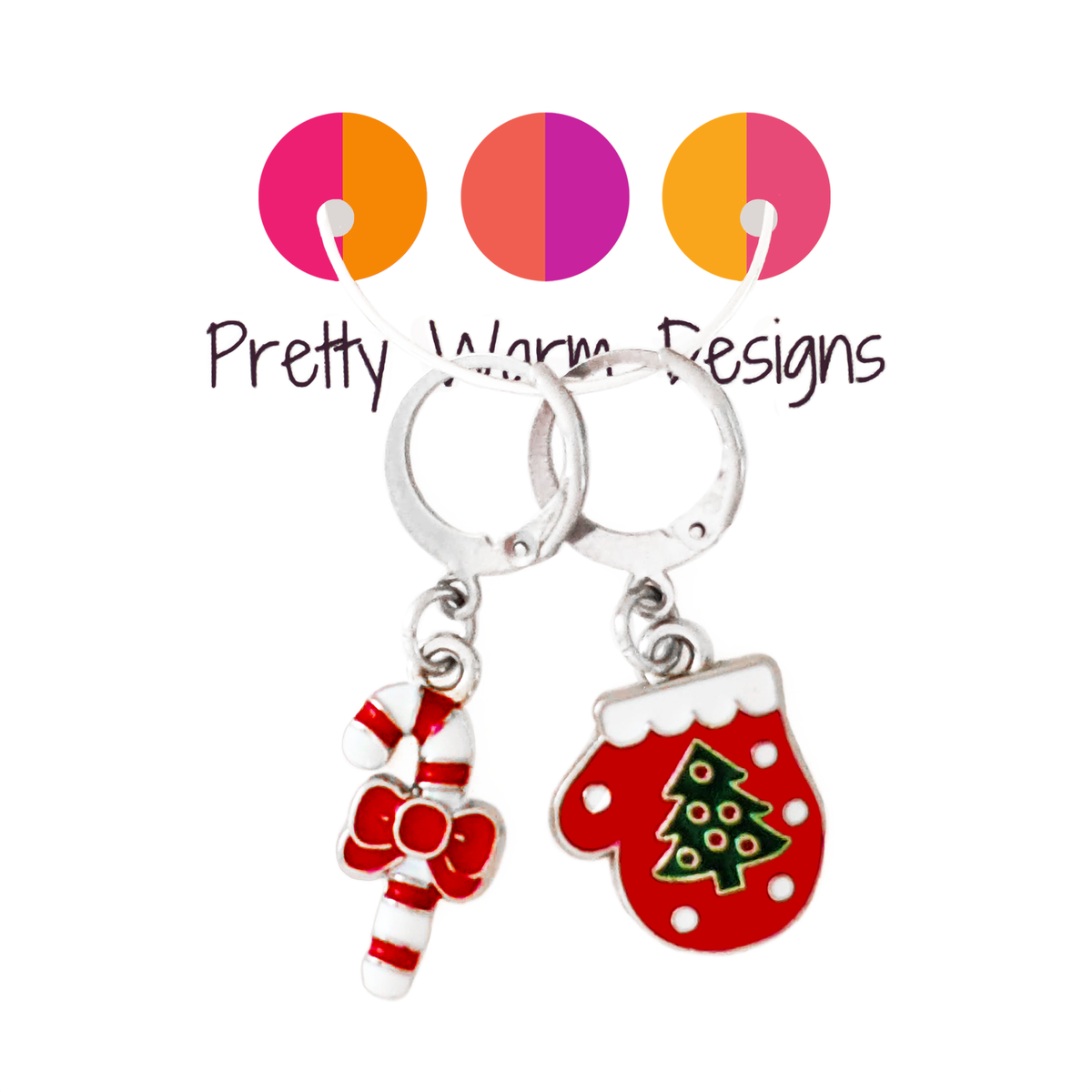Candy cane and mitten Christmas crochet stitch markers with stainless steel leverback clasps, set of 2