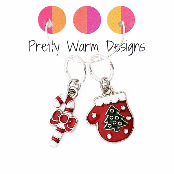 Candy Cane + Mitten Stitch Markers - Set of 2 Christmas Ring Markers for Knitting