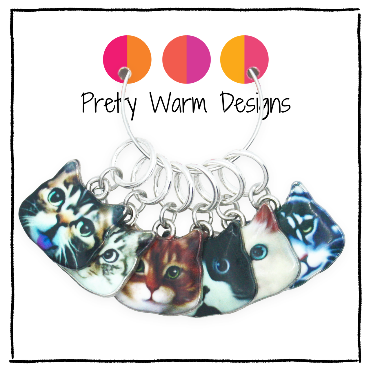 Six cat-shaped ring style stitch markers with detailed cat face prints, attached to silver metal rings, displayed on a white background with the brand name 'Pretty Warm Designs' and three circular color swatches above.