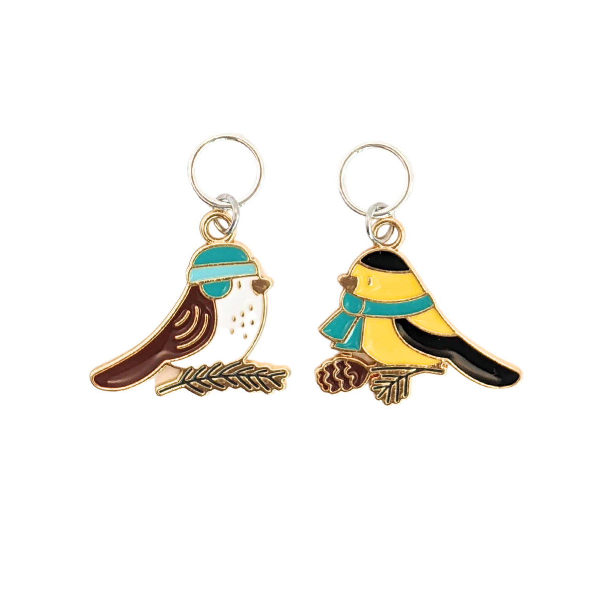 Sparrow & Goldfinch on a pinecone enamel stitch marker