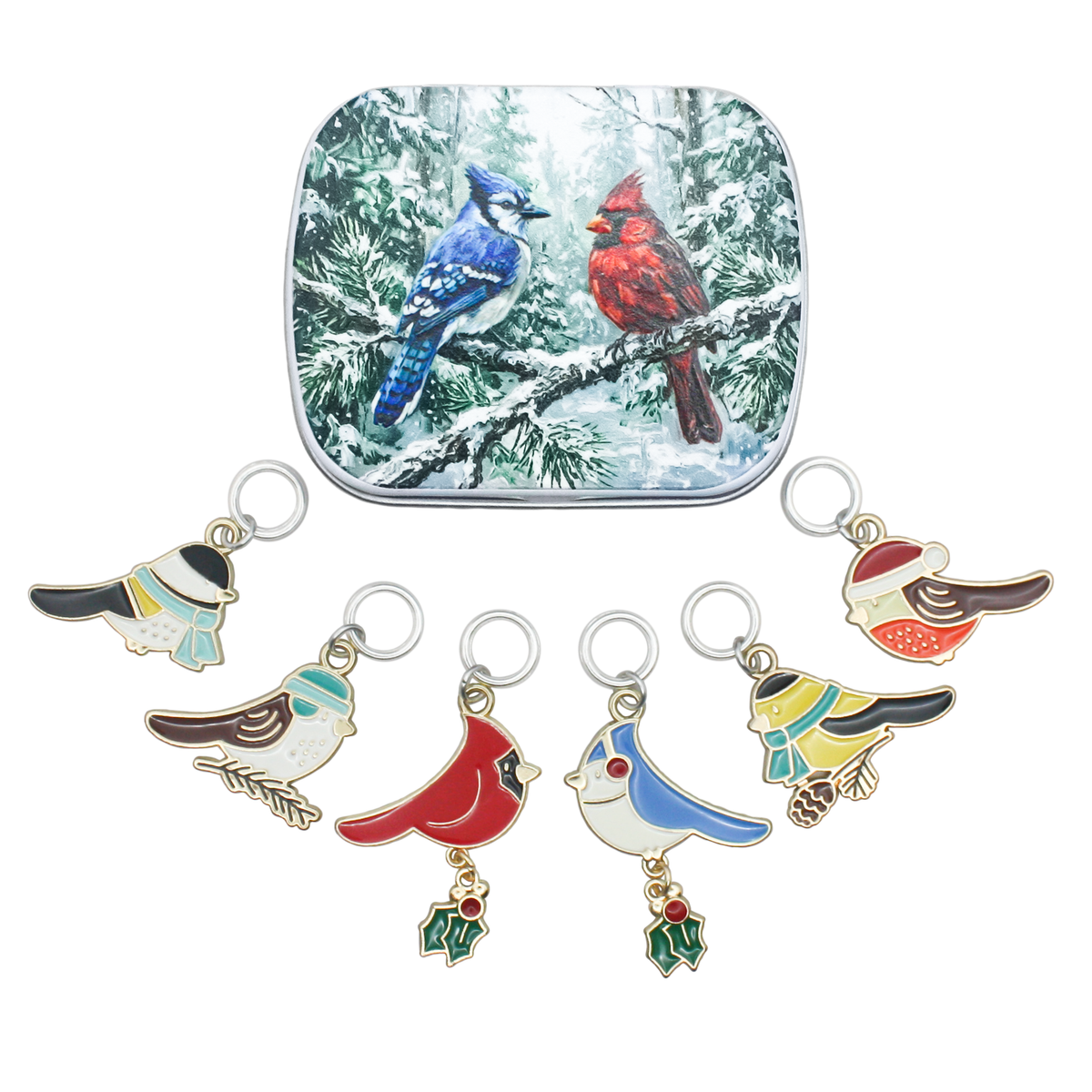 Six Christmas bird stitch markers on closed rings with a winter bird tin