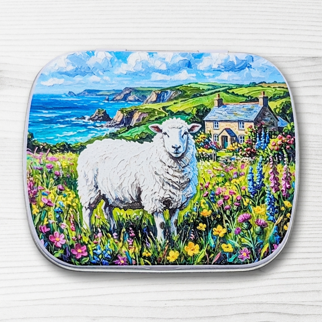 A hinged metal notions tin featuring a colorful landscape illustration of a white sheep in a wildflower field with a cottage and blue sea in the background, shown on a white wood-textured surface.
