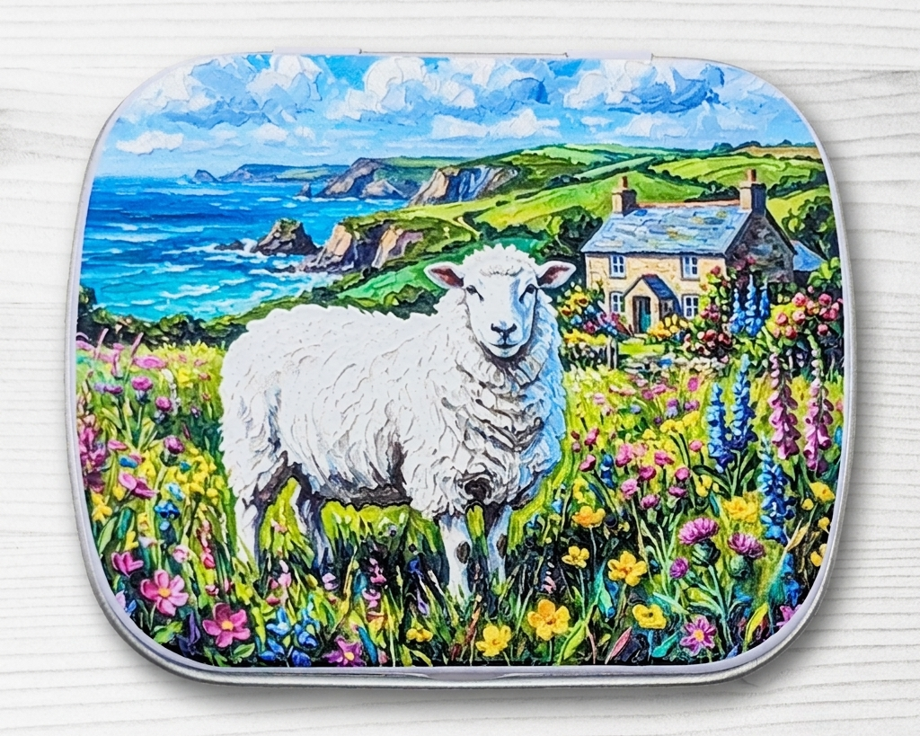 A hinged metal notions tin with a white sheep in a wildflower field with a cottage and blue sea in the background