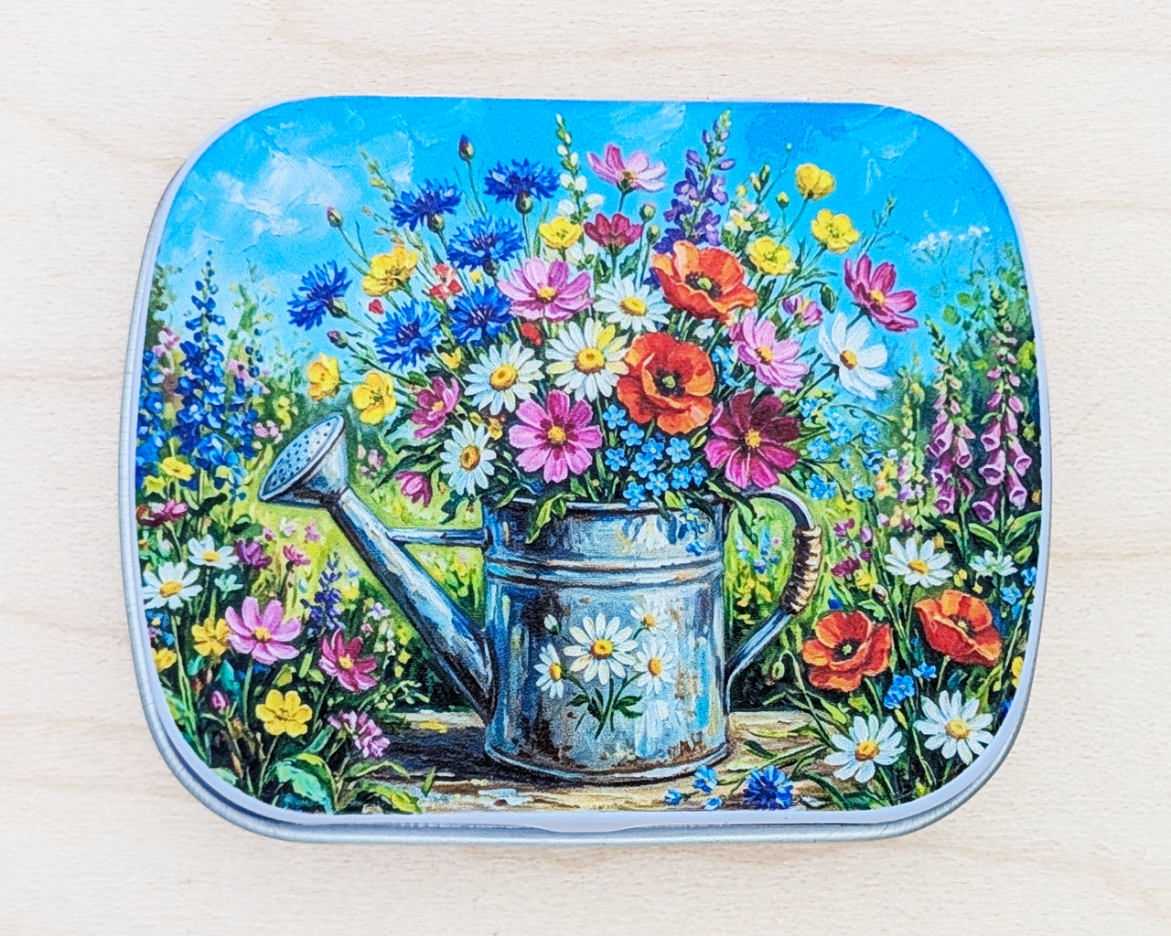 A hinged metal notions tin decorated with a colorful painting of a watering can filled with wildflowers on a light wood background.