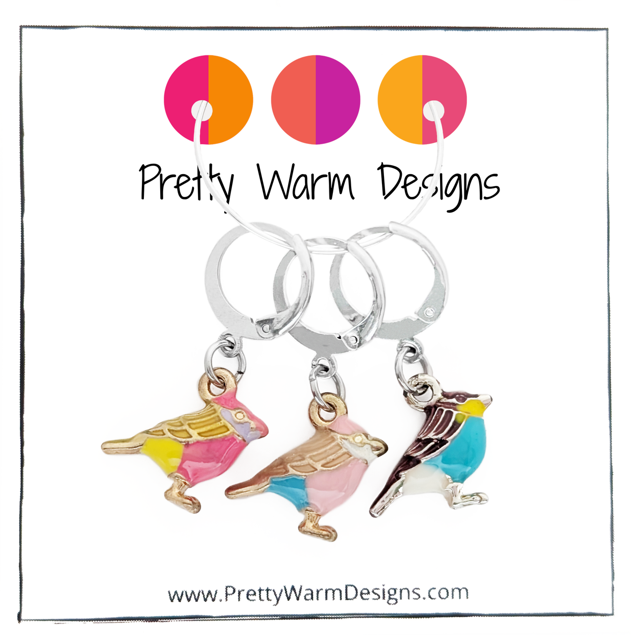 A Bird In the Hand Locking Stitch Markers, set of 3 colorful 3D bird charm markers for knitting or crocheting