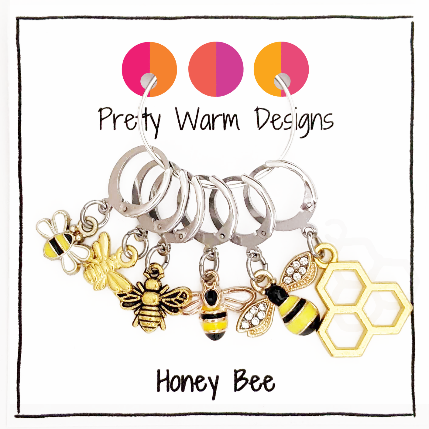 Set of 6 bee themed enamel charms locking crochet stitch markers by Pretty Warm Designs