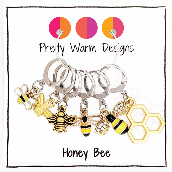 Set of 6 bee themed enamel charms locking crochet stitch markers by Pretty Warm Designs