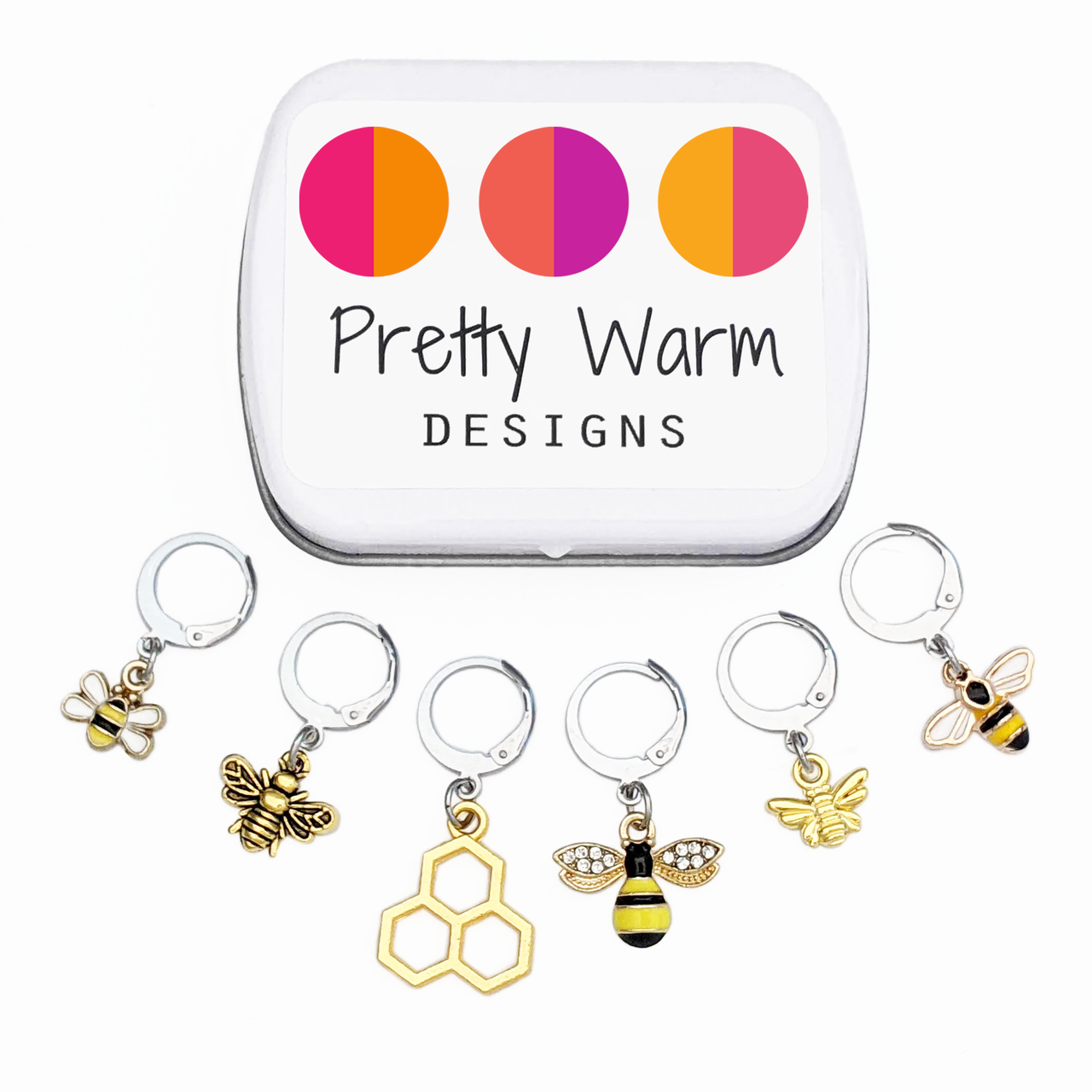 Set of 6 honey bee themed enamel charms locking crochet stitch markers for crochet with decorative tin by Pretty Warm Designs