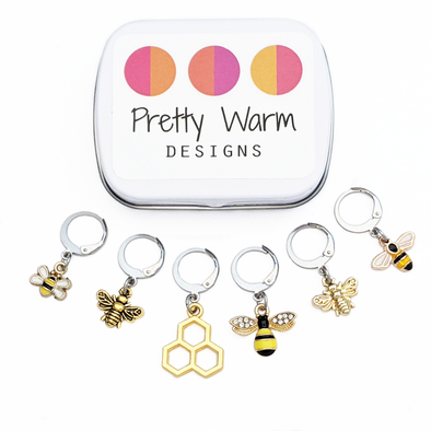 Set of 6 honey bee themed enamel charms locking crochet stitch markers for crochet with decorative tin by Pretty Warm Designs