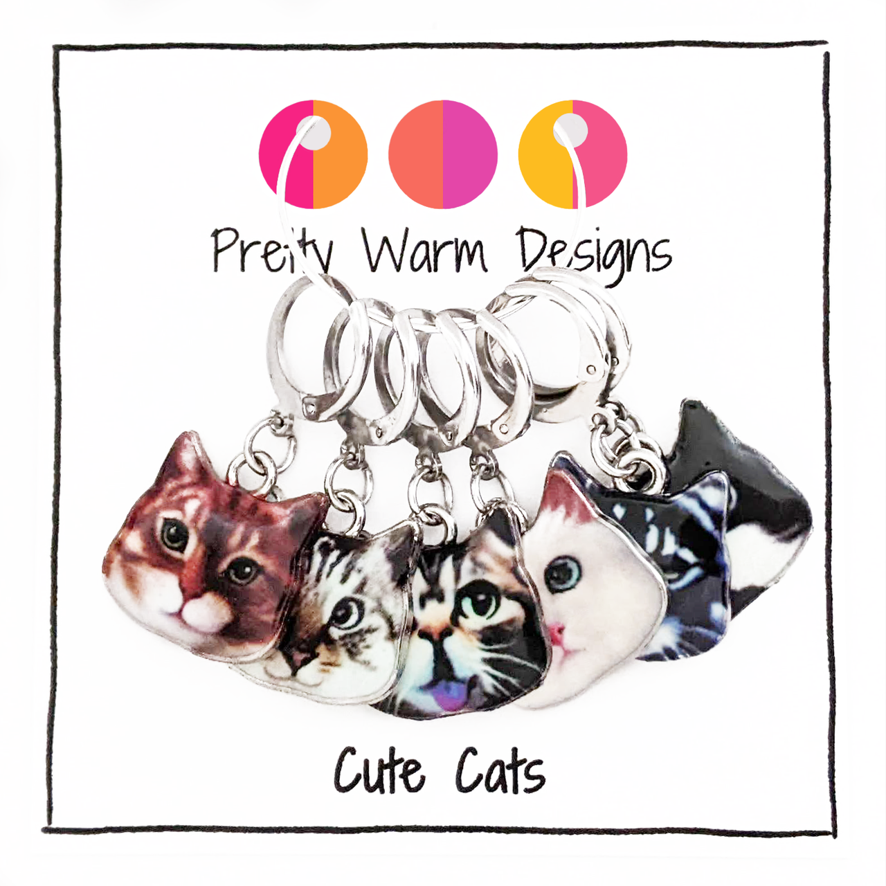 Set of 6 locking Cat themed stitch markers by Pretty Warm Designs