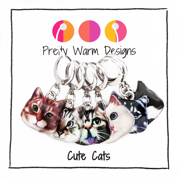 Set of 6 locking Cat themed stitch markers without storage tin
