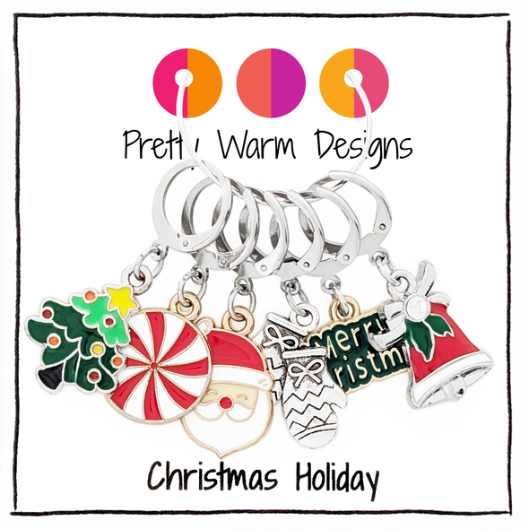 Set of 6 locking crochet style stitch markers. Christmas theme includes a Santa, Mittens, Bell, Christmas Tree, Peppermint, and Merry Christmas Sign.