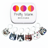 Set of six cat charms locking stitch holders with decorative tin for crochet and knitting by Pretty Warm Designs
