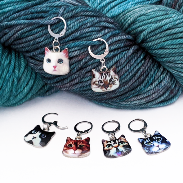 Set of six cat charms locking stitch holders with yarn for crochet and knitting by Pretty Warm Designs