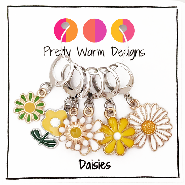 Set of six white, yellow and green enamel metal daisy charms with lever back clasps stitch markers for crochet by Pretty Warm Designs