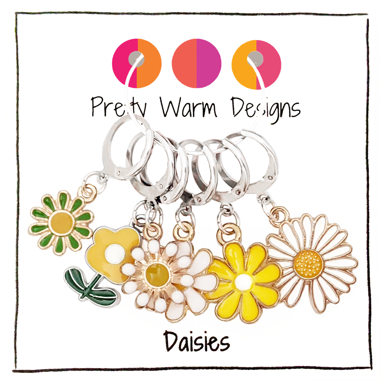 Set of six white, yellow and green enamel metal daisy charms with stainless steel lever back clasps stitch markers for crochet by Pretty Warm Designs