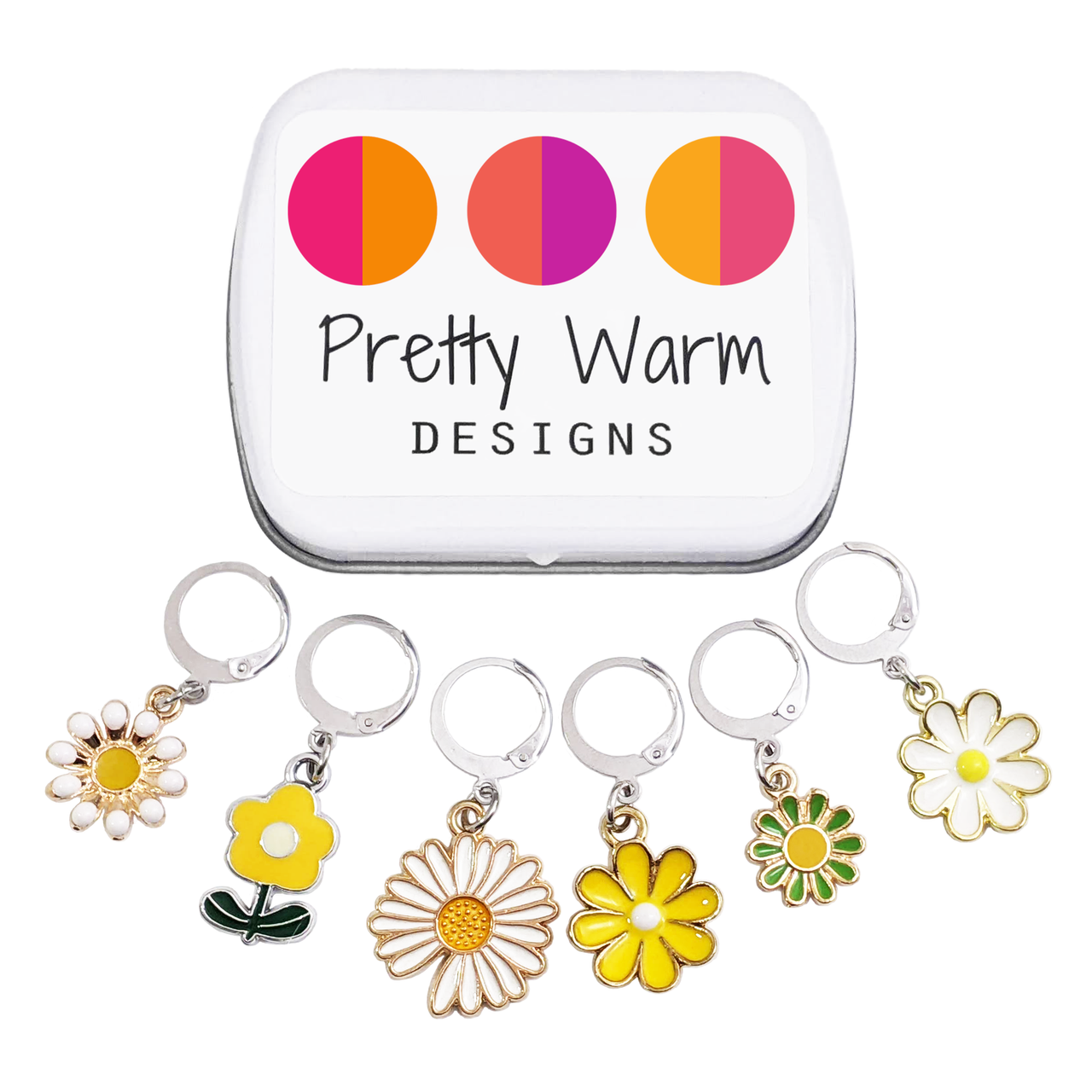 Set of six white, yellow and green enamel metal daisy charms with lever back clasps stitch markers for crochet and decorative tin with logo by Pretty Warm Designs