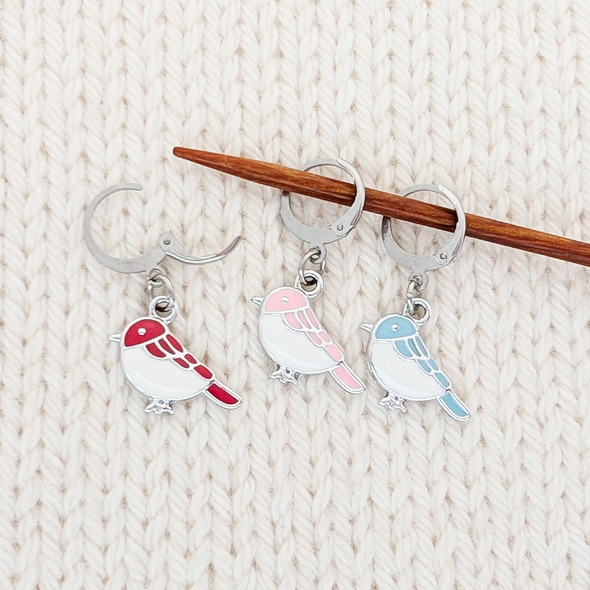 Birds of a Feather Set of 3 Locking Stitch Markers for crochet or knitting, shown on knitting needle