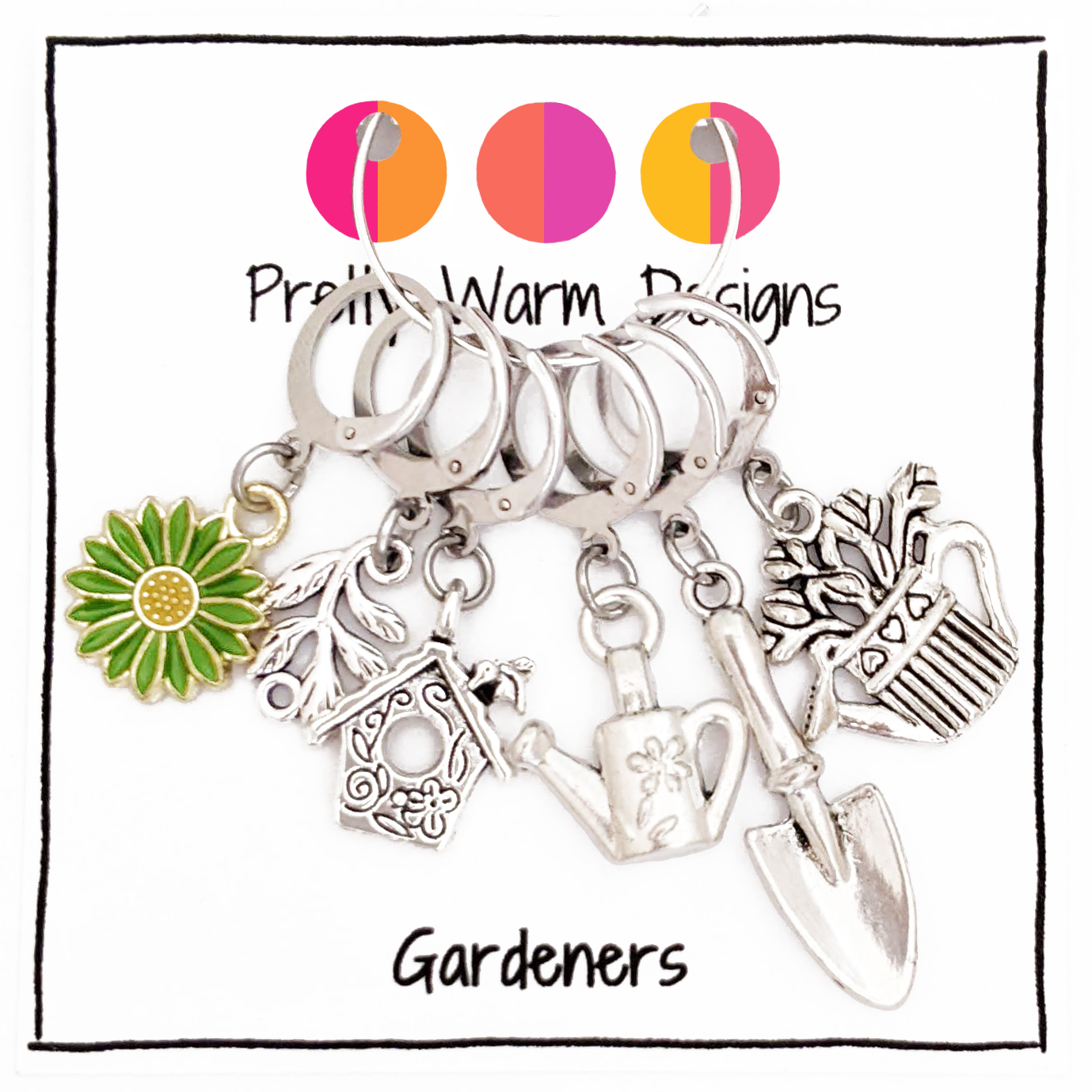 Set of one green and yellow enamel daisy and five antiqued silver alloy gardening themed locking stitch markers by Pretty Warm Designs Inc