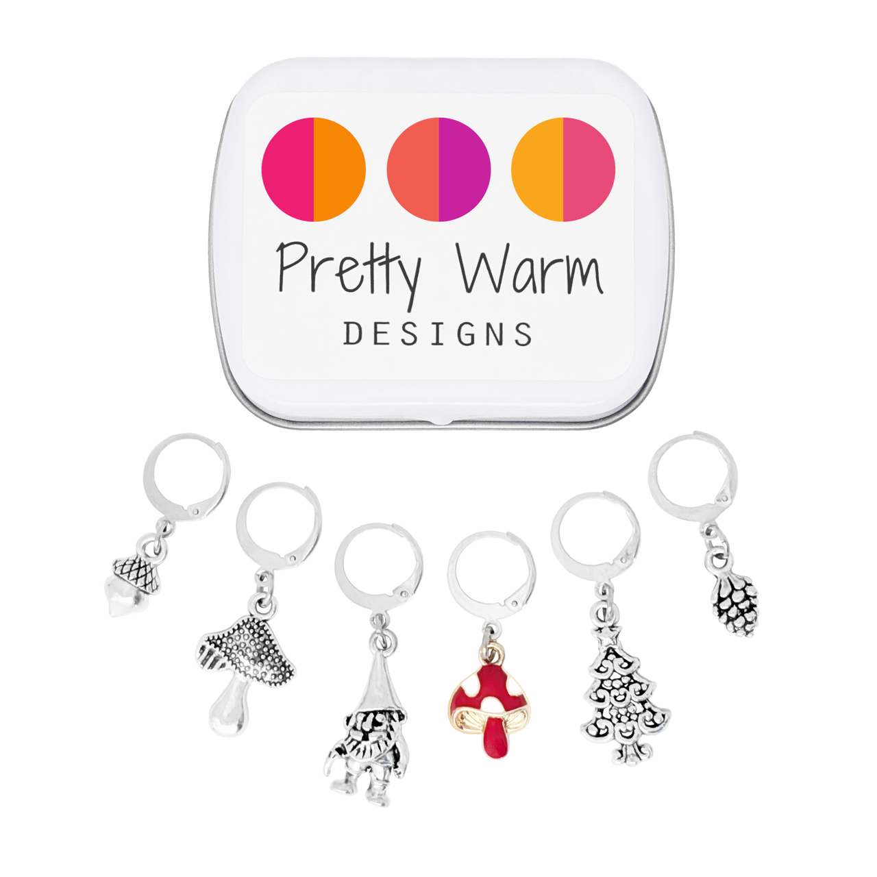 Set of five antiqued silver charm crochet stitch markers and one enamel toadstool charm locking crochet stitch markers with decorative Pretty Warm Designs logo tin for crochet by Pretty Warm Designs