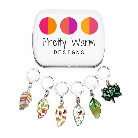 Set of 6 locking stitch markers with storage tin in Summer Leaves theme for crochet or knitting by Pretty Warm Designs