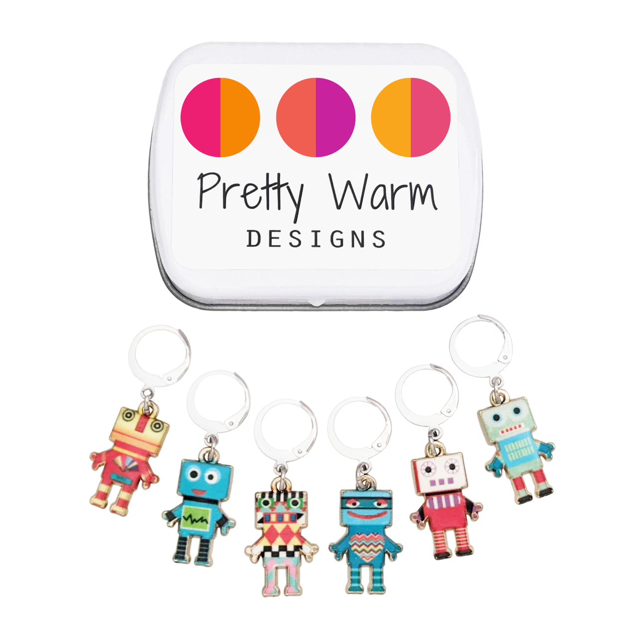 Set of 6 multicoloured robot stitch markers for crochet or knitting with white storage tin