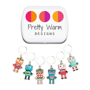 Set of 6 multicoloured robot stitch markers for crochet or knitting with white storage tin
